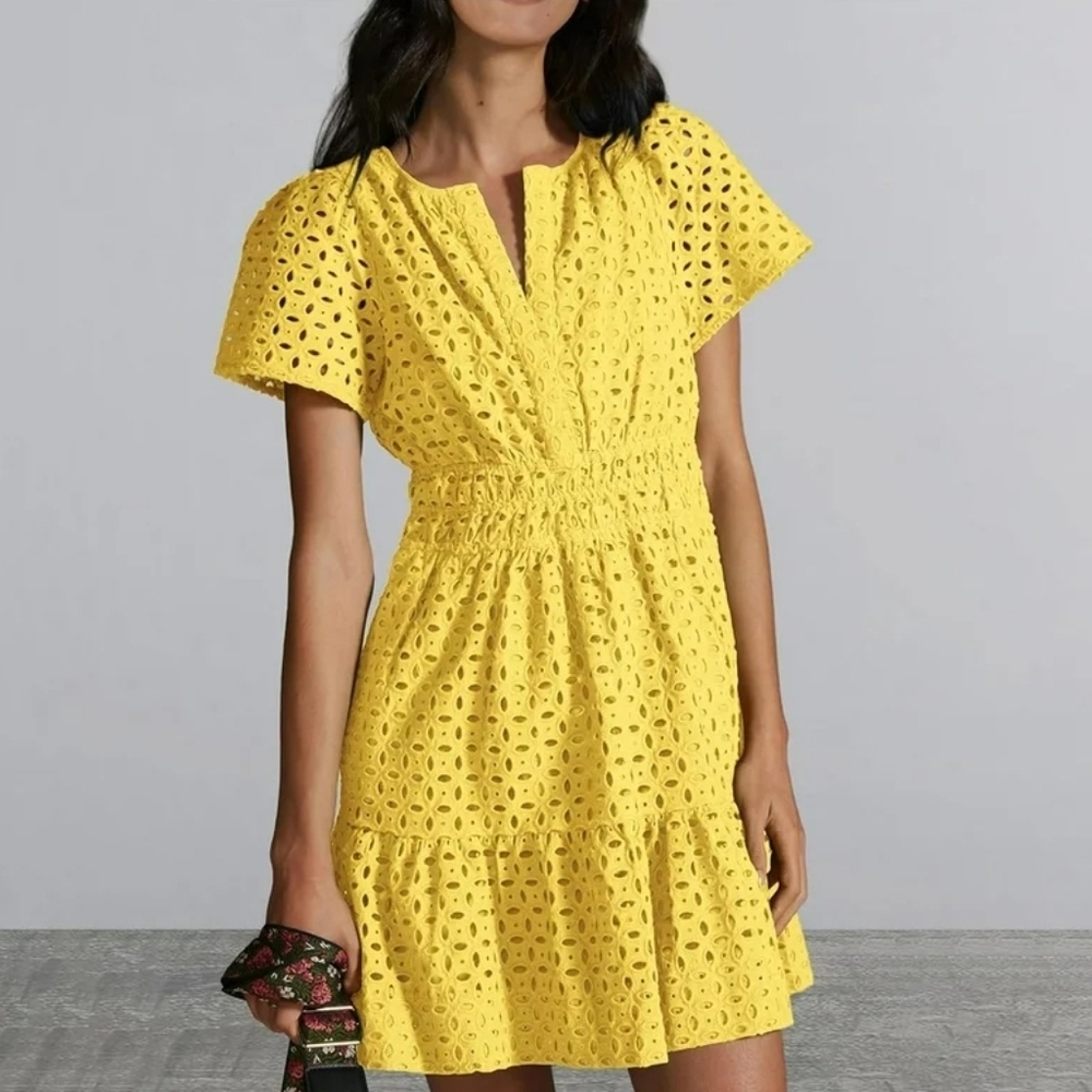Anthropologie Somerset Canary Yellow Eyelet Mini Dress Size 2X Spring Easter